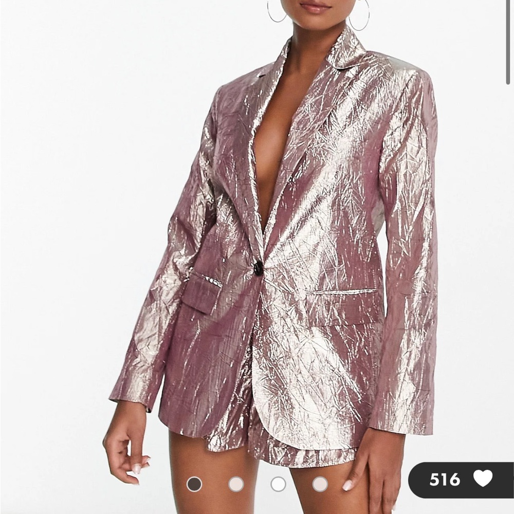 ASOS DESIGN metallic nipped waist suit blazer in silver
